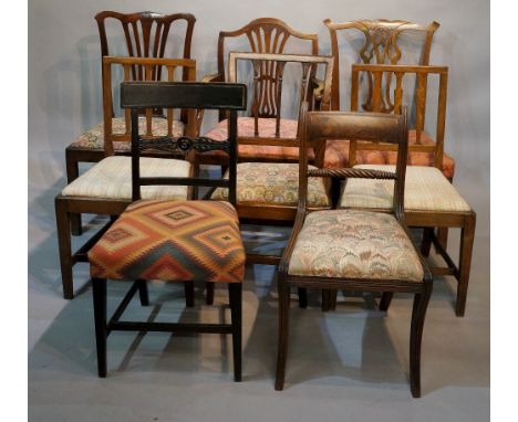 Eight George III mahogany dining chairs, Chippendale, Hepplewhite and Regency styles, (all with faults)