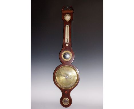 A George III mahogany wheel barometer with thermometer outlined throughout with boxwood and ebony stringing the swan neck ped