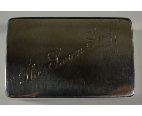 An Edwardian rectangular silver snuff box the hinged lid engraved "The Swan Sniff", 6.5 cm wide by A & J Zimmerman, Birmingha