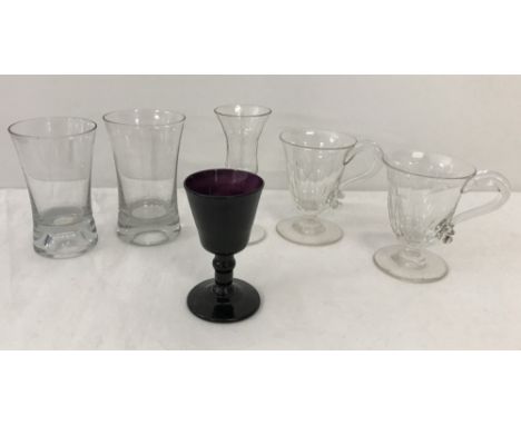 6 antique glasses. To include an amethyst glass rummer and a pair of clear glass custard cups.  