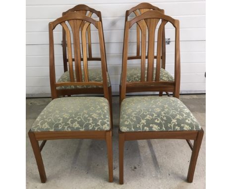 4 Parker Knoll light wood high back dining chairs. With green and gold chenille upholstery. 