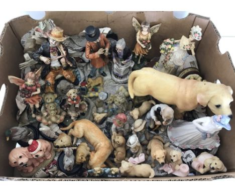 A box of assorted ceramic and resin figurines to include Cherished Teddies & Regency Fine Arts.  