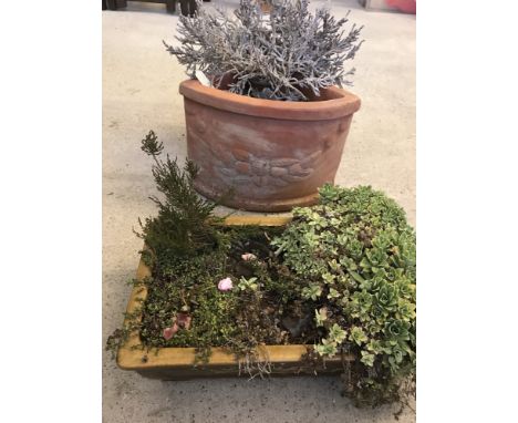 2 garden planters. A terracotta corner planter together with a brown glazed Bonsai planter.  Corner pot approx. 32cm x 23cm.