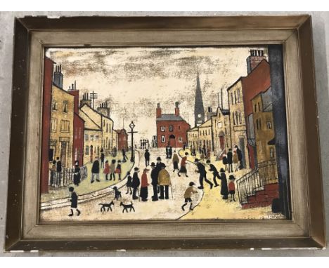 An over painted L.S.Lowry print, A Lancashire Village 1935. Framed. Approx. 36cm x 50cm.