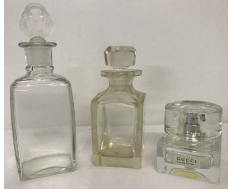 3 vintage clear glass perfume bottles. Gucci, Eau de Parfum II, Scannon square shaped bottle, Yardley London scent bottle wit
