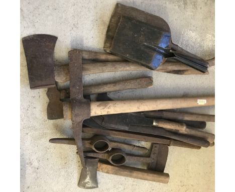 A quantity of vintage wooden handled axes, slashers and pick axes. Together with 3 short handled spades, scoops. 