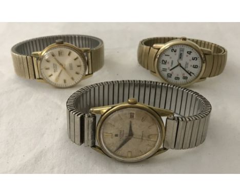 3 gents wristwatches with expanding straps. Comprising Timex Indiglo with day and date function, Catena automatic with date f