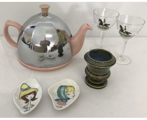 A collection of assorted ceramic and glass items. To include Art Deco teapot, Irish wade and hand painted glasses. 