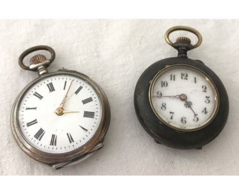 2 Victorian ladies fob watches. One with enamel painted flowers to reverse of case (in working order), the other in an .800 s