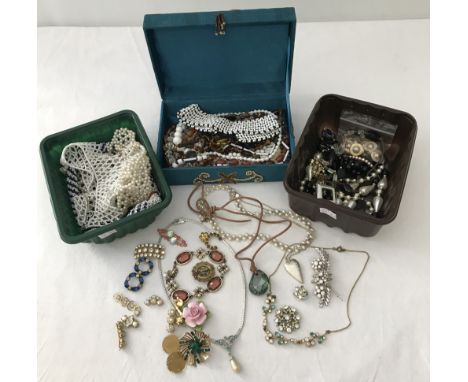 3 tubs of vintage costume jewellery. To include Pringle pearls, Swarovski glass pendant and Laura Ashley bracelet. 