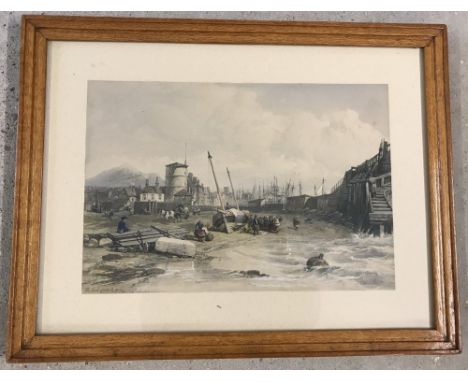 A Victorian hand coloured print of the back of Old Leith Pier. Framed & glazed. Approx. 27 x 40cm