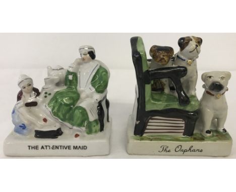 2 ceramic Staffordshire style fairings. "The Attentive Maid" and "The Orphans". Largest approx. 9cm tall.