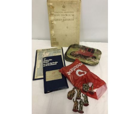 A box of assorted misc items. Comprising; maps, vintage cars placemats, Their Gracious Majesties King George VI & Queen Eliza