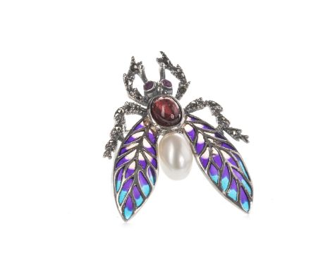 PLIQUE A JOUR FLY BROOCH, the body set with a cabochon ruby and a pearl, ruby eyes, with marcasite legs and purple and blue e
