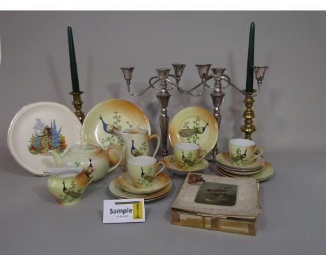 A collection of early 20th century Czechoslovakian Victoria China tea wares with peacock design including cake plate, tea pot