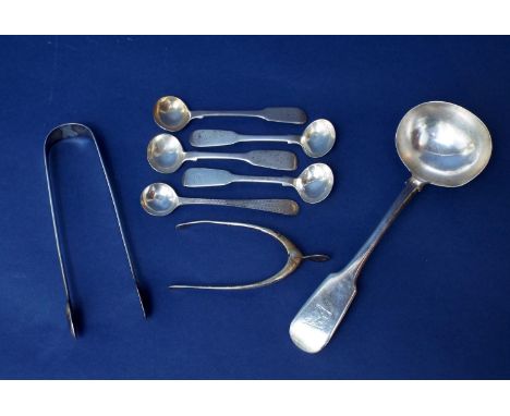 A mixed collection of silver flatware comprising Victorian silver fiddle pattern sauce ladle together with matched set of fou
