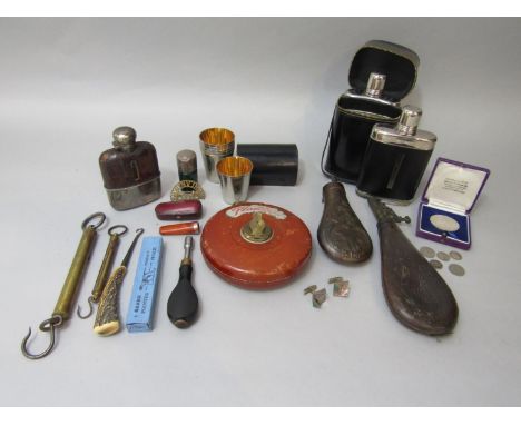 Miscellaneous lot including a John Rabone leather and canvas a Land tape 66ft in length, leather and brass shot flask, small 