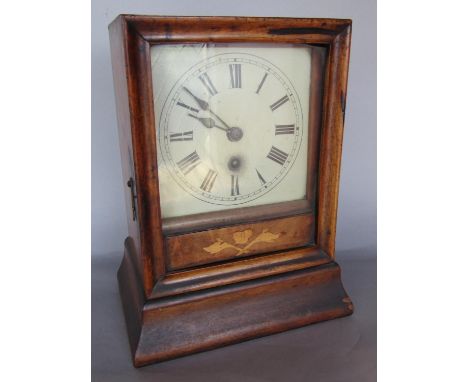 Continental single train mahogany shelf clock, the 4.5 inch square dial with Roman numerals, 24 cm high, pendulum and key 