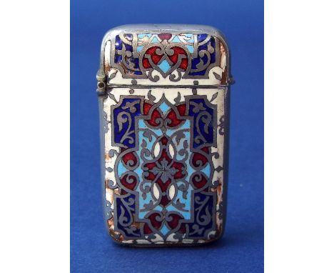 Probably Russian silver and enamelled vesta case inlaid on both sides with colourful enamel, the hinged sprung lid, 4.5 cm lo