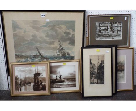 RH Smallridge (Early 20th century British school) - Harbour scene and coastal scene (pair) signed coloured etchings, 32 x 23c