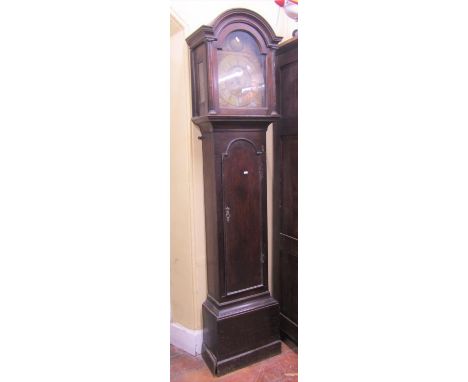 A Georgian oak longcase clock, the arched hood enclosing a brass broken arch dial with subsidiary calendar and secondary dial