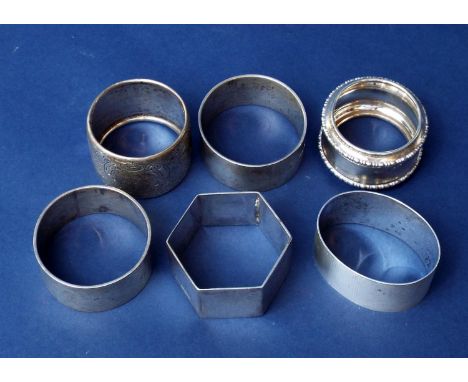 Six various antique and later napkin rings to include engraved, engine turned and octagonal examples, 6 oz approx 