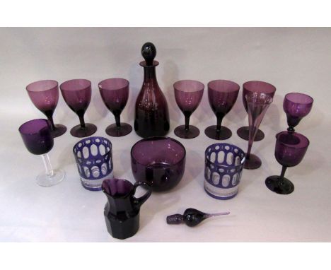 Collection of amethyst glassware to include set of six goblets with decanter, finger bowl, faceted jug, two good tumblers and