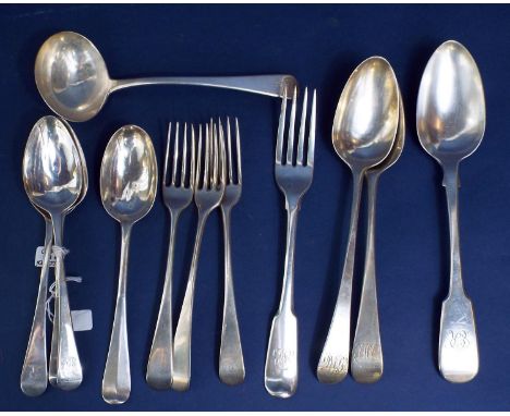 A mixed collection of Georgian silver flatware, various patterns and dates comprising table fork, three dessert forks, ladle,