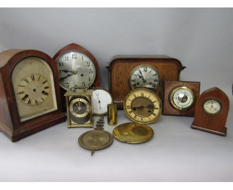 A mixed collection of various mantle clocks to include two lancet clocks, a further large Edwardian walnut and boxwood inlaid