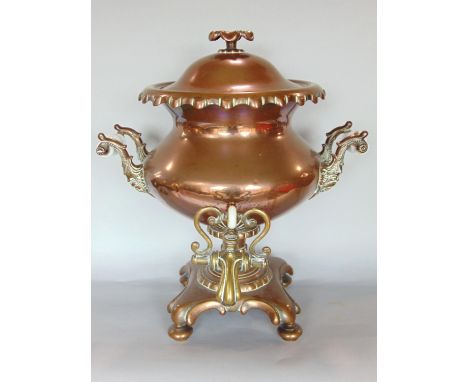 19th century copper twin handled Samovar, with ceramic handles, 45cm high, together with a further brass twin branch wall lig