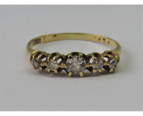 Victorian claw set five stone diamond ring, centre stone 0.20cts approx, gold marks worn, size R/S, 2.4g 