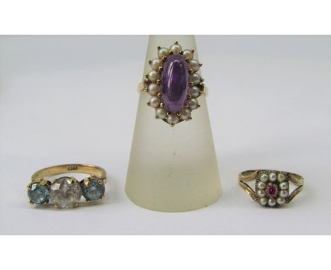 Georgian pink ruby and seed pearl cluster ring, unmarked, size I/J, together with two further 9ct dress rings; an amethyst an