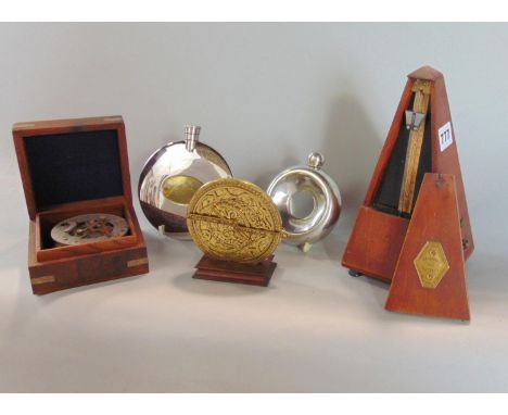 A mixed lot to include a mahogany cased metronome, further brass time recorder, cased pocket sundial and compass and two silv