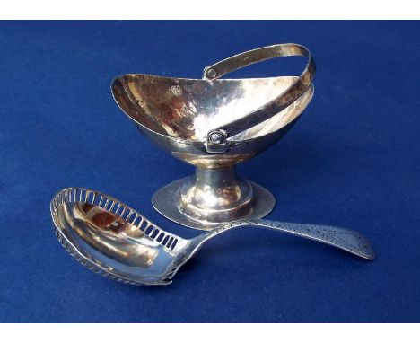 Good quality antique silver basket (probably for salt) with hinged handle and engraved band, makers marks rubbed, together wi