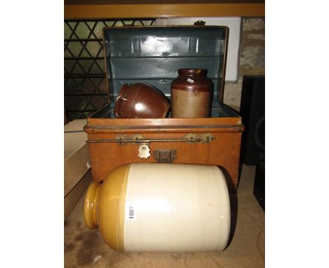 A small Victorian domed top tin trunk with brass fittings and simulated wood grain finish together with a small collection of