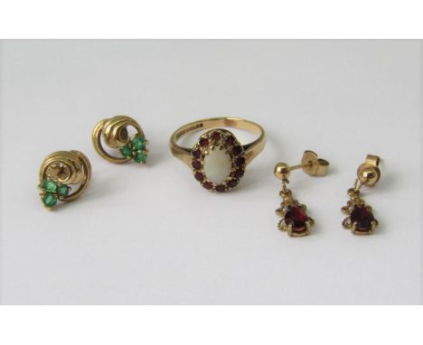 Group of 9ct jewellery comprising an opal and garnet cluster ring, size L, a pair of garnet drop earrings and a further pair 