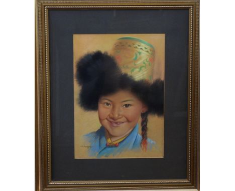 G Douglas (20th century) - A shoulder length study of a little girl in Tibetan style costume, pastel on paper, signed, 36 x 2