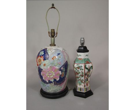 An oriental vase of hexagonal form with famille verte figure and floral decoration (converted to lamp) 27.5 cm excluding fitt