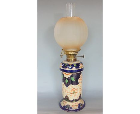 19th century iron stone ceramic oil lamp with opaque glass shade, 60cm high total 