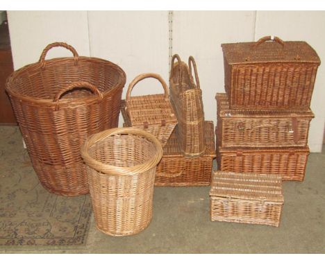 One lot of contemporary wicker baskets and hampers, varying size and design to include examples with lettering F &amp; M (For