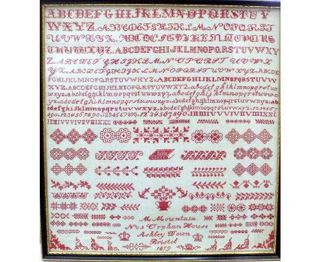 Late 19th century sampler by M Mountain, 5 Orphan House, Ashley Down, Bristol, 1879, 37 x 35 cm, framed 