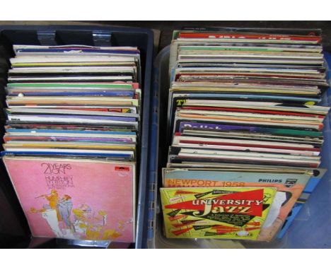 Two cases containing a large quantity of Jazz and other records, artists include Arty Shaw, Ruby Braff, Louis Armstrong, Char
