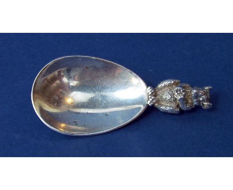 Good quality silver caddy spoon the tear drop bowl mounted by a cast silver glis glis dormouse, maker Brian Leslie Fuller, Lo