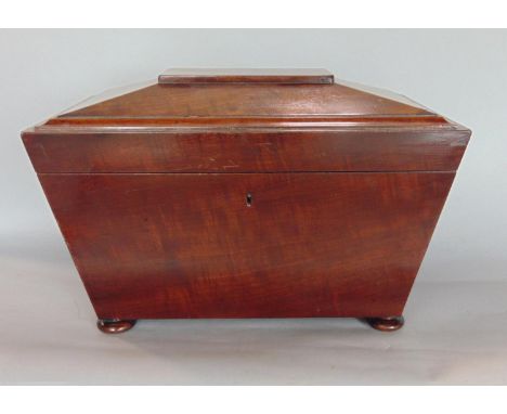 Good quality regency sarcophagus tea caddy with twin hoop handles, the hinged lid enclosing a fitted interior with two mahoga