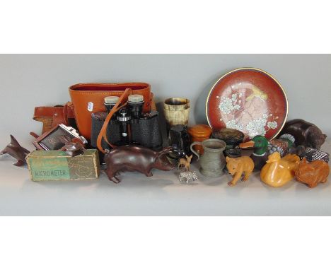 A mixed miscellaneous lot comprising various binoculars, decoy ducks, horn cups, cloisonne type enamel wars, etc 