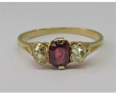 Antique three stone oval ruby and old cut diamond ring, size L/M, 1.7g 