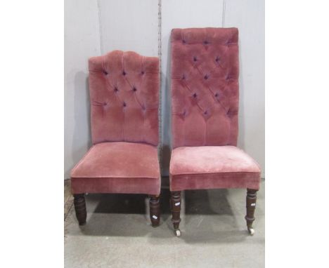 A Victorian nursing chair with upholstered seat and button back, raised on turned mahogany forelegs with Copes Patent brass c