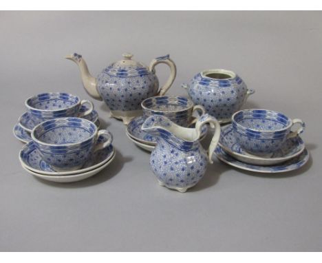 A collection of 19th century blue and white printed child's miniature tea wares comprising teapot,milk jug,sugar bowl, four c