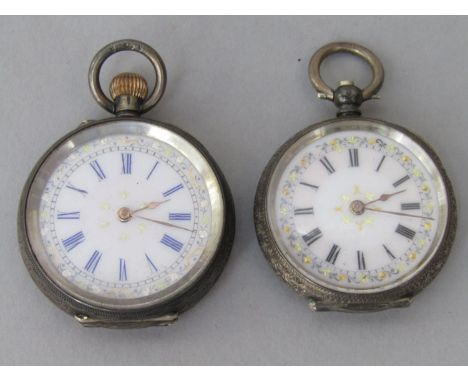 Two similar continental silver fob watches, with decorative enamel dials, 37 &amp; 34mm respectively (not currently running) 