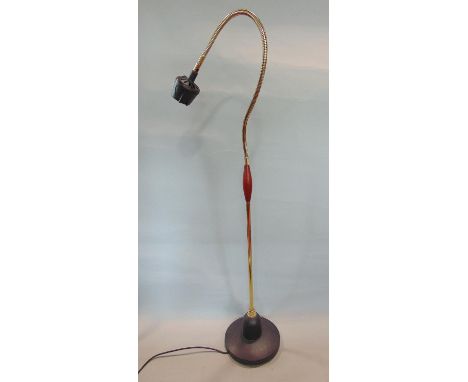 Serious Readers cast brass snake lamp standard with teak band, 150cm high approx (adjustable) 